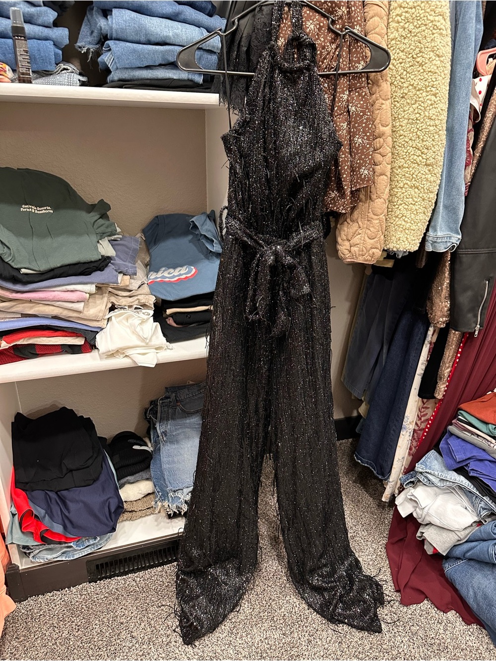 Luxe Black Sparkle Halter Tie-Waist Jumpsuit